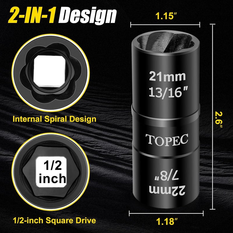 Topec 21mm x 22mm Flip Lug Nut Extractor, 1/2" Drive Lug Nut Removal Tool, 2-IN-1 Wheel Lock Remover Socket - Image 1